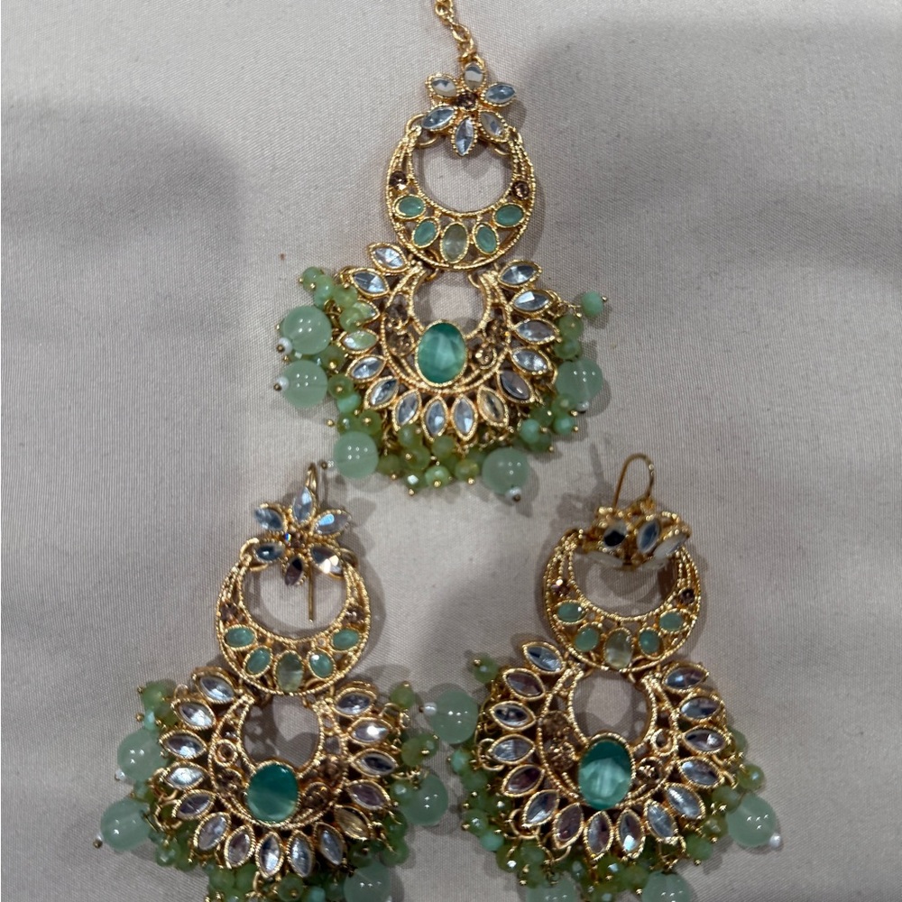 Source Unknown Gold And Teal Statement Earrings - image 1